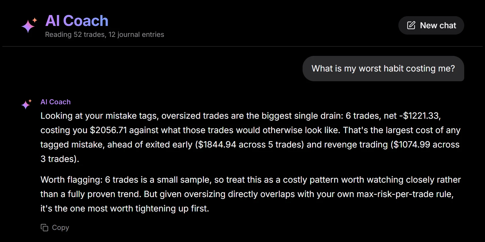 The AI Coach answering a question from the trader's own history
