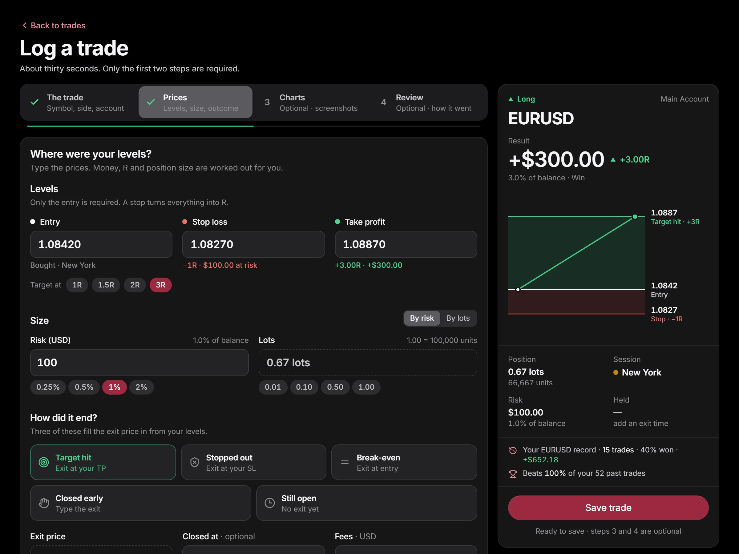 The log-a-trade form with its live position ticket